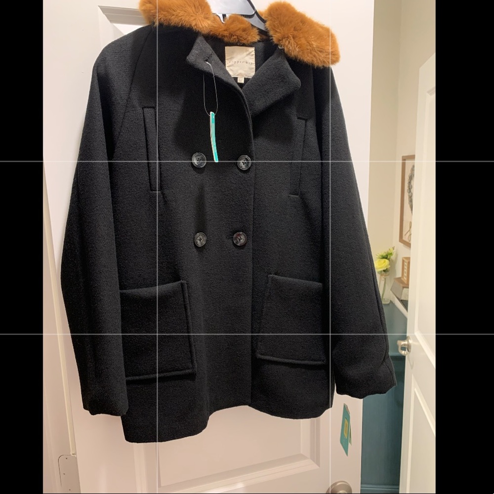 NWT Girls Black Peacoat/Jacket/Coat with Brown Fur Trim (Outerwear)